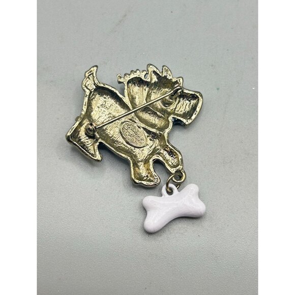 Vintage Enamel Scottie Scottish Terrier Dog Bone Brooch Pin Black Enamel Red Bow - Picture 3 of 5